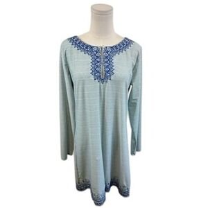 Cabana Life Women's Blue White Tunic Dress Long Sleeve Swim Size Large